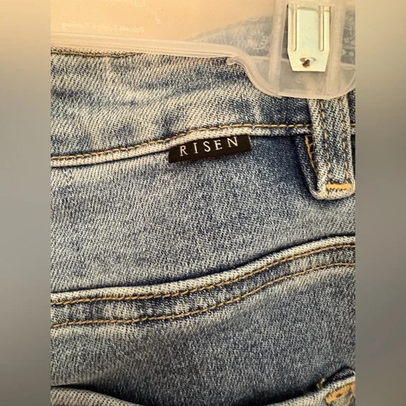 Risen Chic Light Blue Wide Leg Jeans with chuffed bottoms w/ light distress 9/29 - Picture 6 of 10